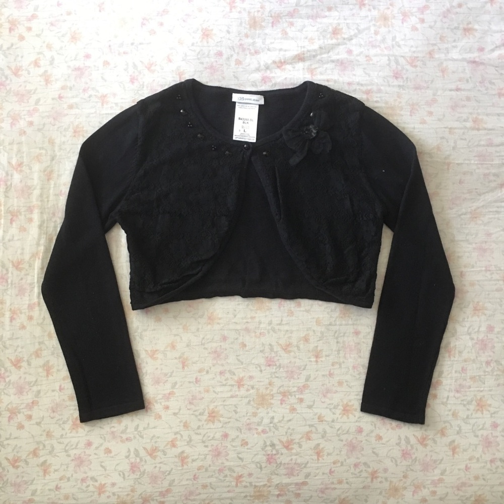 Bonnie Jean Sz L Girls Black Lace Cropped Long Sleeve Shrug Over a Holiday Dress